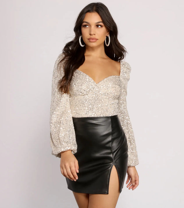 All that Glow Puff Sleeve Sequin Bodysuit