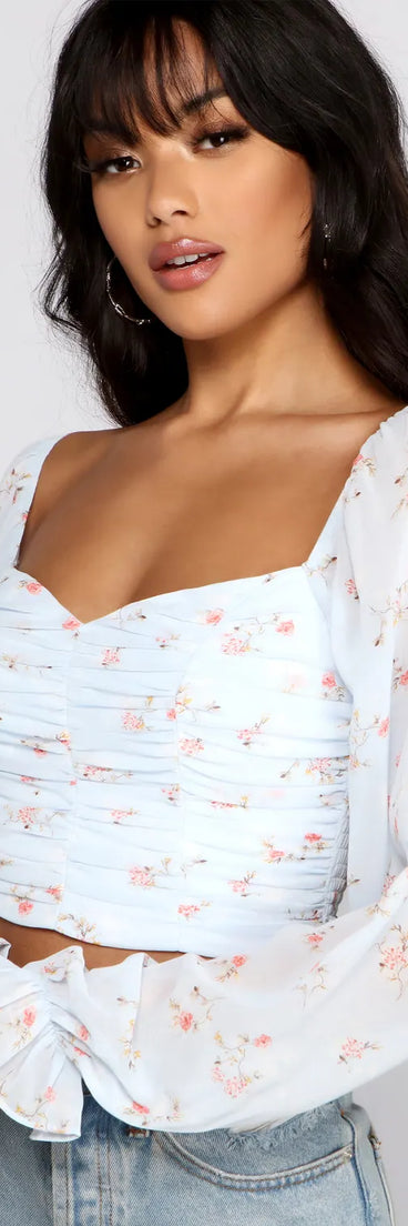 Floral Blossoms Chiffon Ruched Crop Top