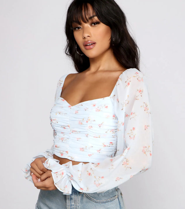 Floral Blossoms Chiffon Ruched Crop Top
