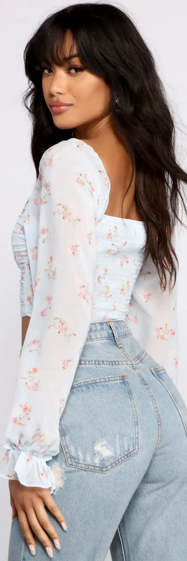 Floral Blossoms Chiffon Ruched Crop Top