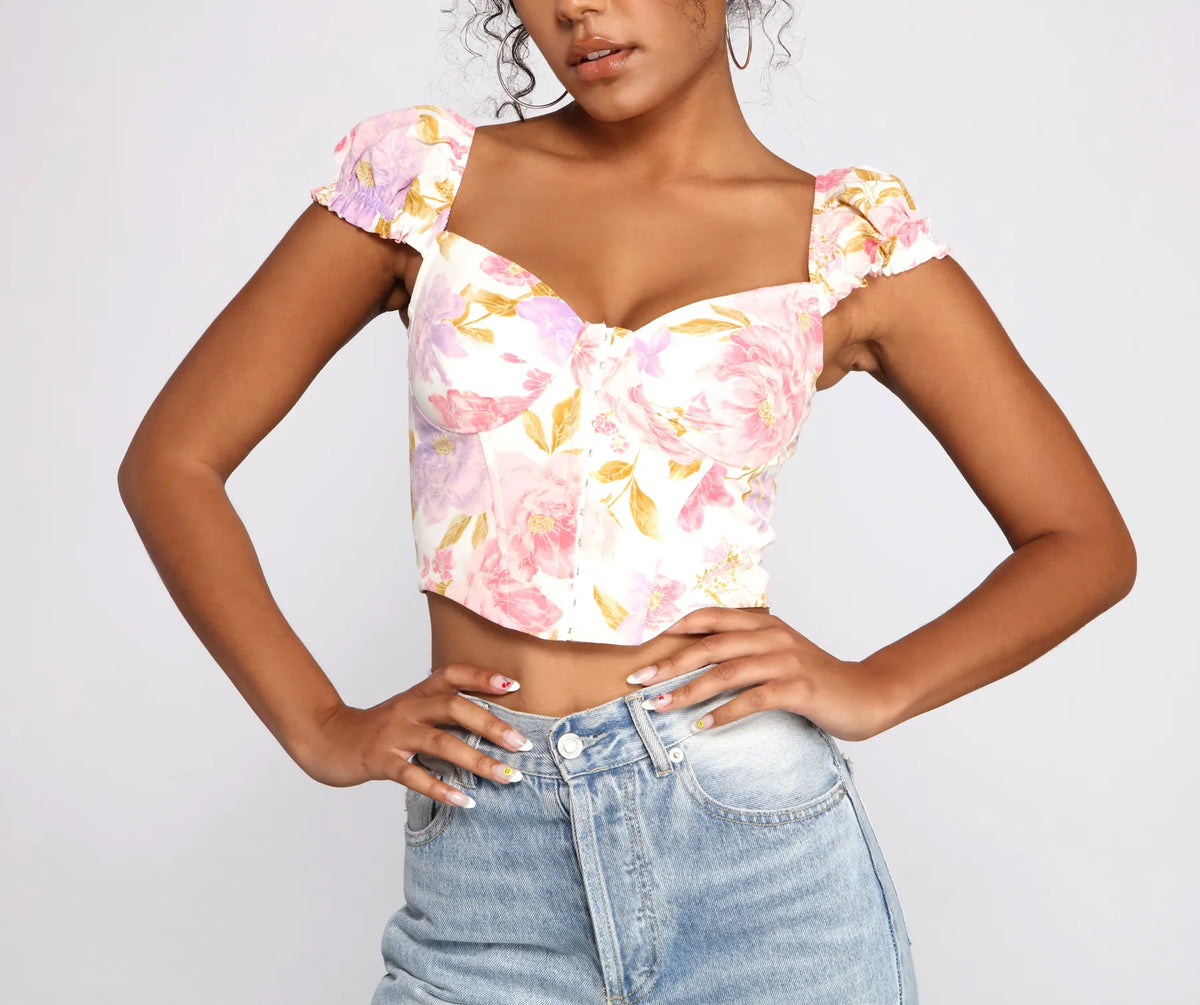 FLORAL CORSET LONG SLEEVE CROP TOP main image 1