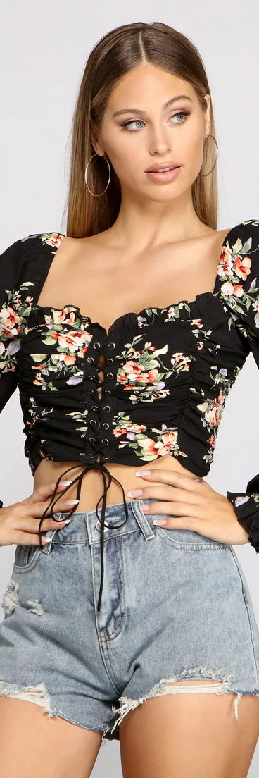 Floral Hour Lace-Up Crop Top
