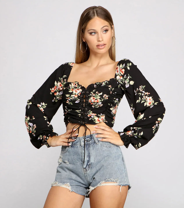 Floral Hour Lace-Up Crop Top