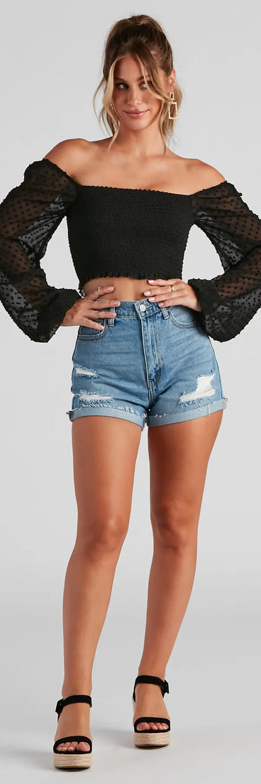 Trendy Swiss Dot Smocked Crop Top