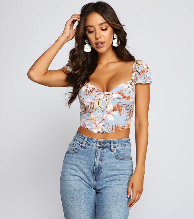 Tropical Dream Puff Sleeve Corset Top