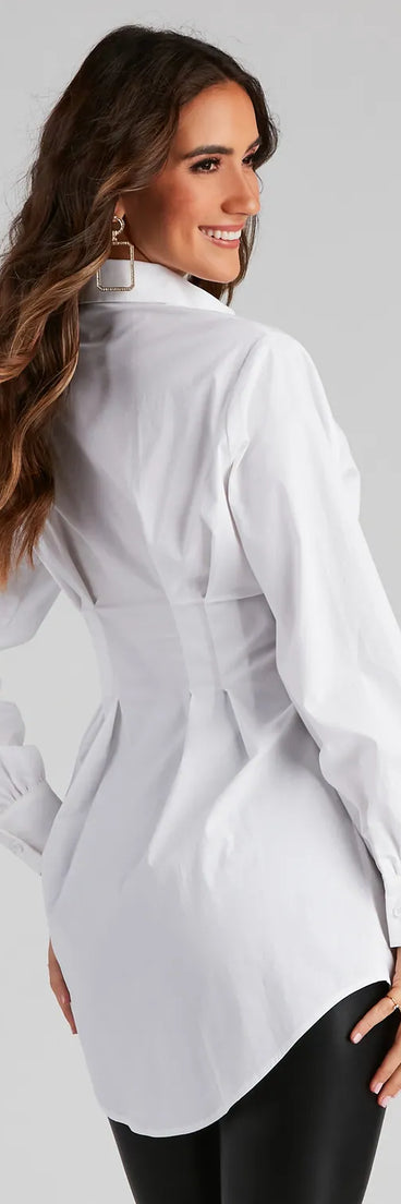 The Effortlessly Chic Button Front Tunic is a mini dress in white, perfect for an above-the-knee holiday party dress or a stylish NYE look, with a short hemline designed to make a winter statement.