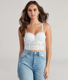 The Reigning Lace Bustier Top in white with a modern design and trendy look is part of the latest women's tops collection to elevate your 2025 wardrobe.