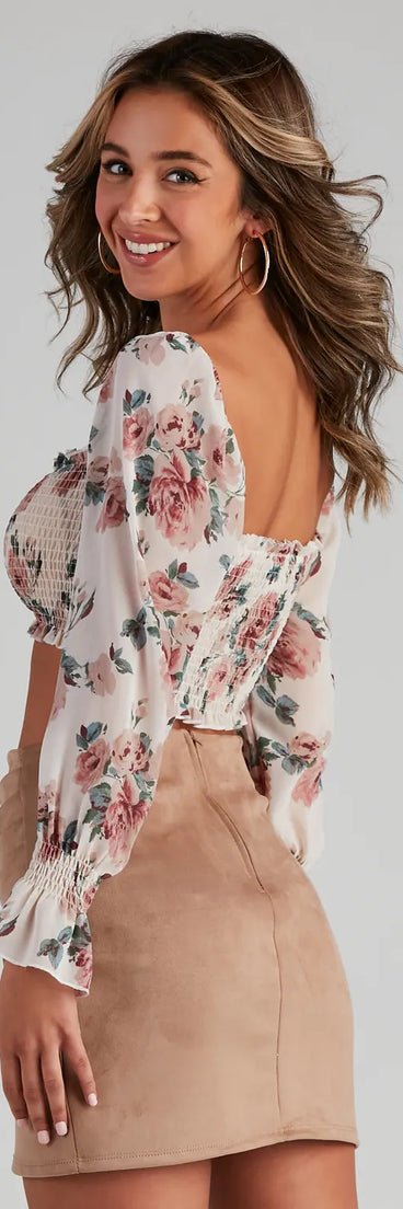 When In Floral Chiffon Smocked Crop Top