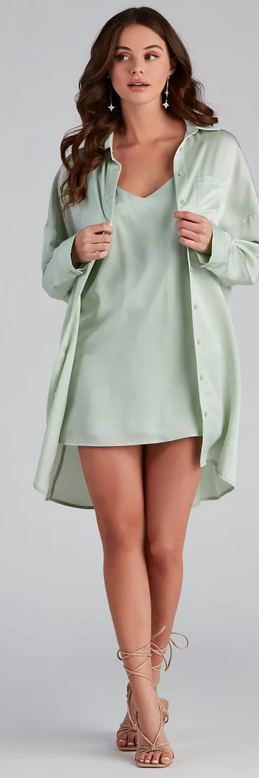Weekend Chic Satin Button-Front Tunic