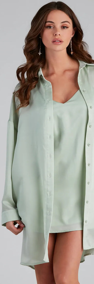 Weekend Chic Satin Button-Front Tunic