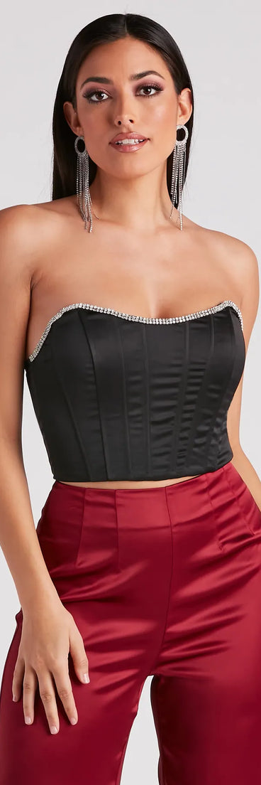 The Cause For Rhinestone Trim Bustier in black with a modern design and trendy look is part of the latest women's tops collection to elevate your 2025 wardrobe.