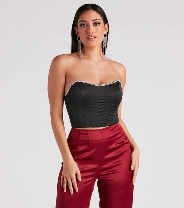 The Cause For Rhinestone Trim Bustier in black with a modern design and trendy look is part of the latest women's tops collection to elevate your 2025 wardrobe.