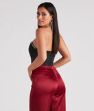The Cause For Rhinestone Trim Bustier in black is a sequin top with an all-over sparkle, perfect for creating a glam concert outfit or adding shimmer to a going-out look. 