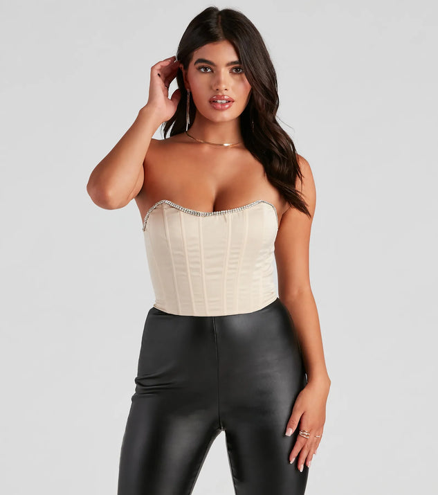 The Cause For Rhinestone Trim Bustier in nude with a modern design and trendy look is part of the latest women's tops collection to elevate your 2025 wardrobe.