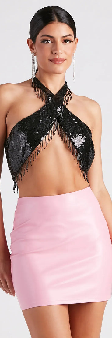 Disco Babe Sequin Fringe Halter Top