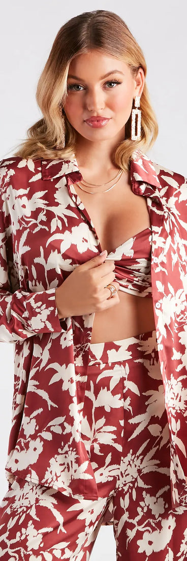 Major Muse Floral Satin Button-Down Top