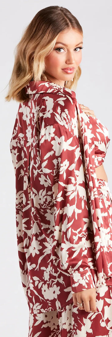 Major Muse Floral Satin Button-Down Top
