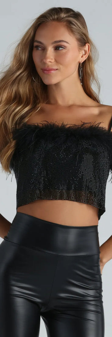 The Meet For Drinks Marabou Rhinestone Chainmail Top in black with a modern design and trendy look is part of the latest women's tops collection to elevate your 2025 wardrobe.