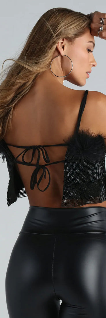 The Meet For Drinks Marabou Rhinestone Chainmail Top in black is a sequin top with an all-over sparkle, perfect for creating a glam concert outfit or adding shimmer to a going-out look. 