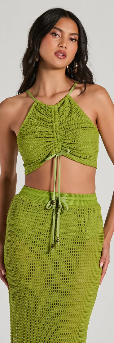 Sunny Chic Halter Ruched Crochet Crop Top
