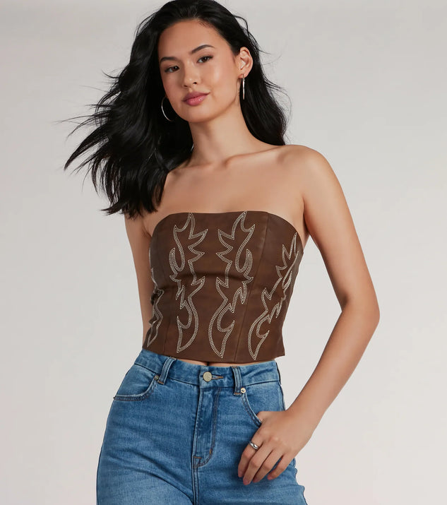 The waist-defining bodice style of the Cute Country Look Western Faux Leather Corset Top in brown is perfect for making a statement with your outfit and provides the structure, molded cups, or lace-up details that capture the corset trend