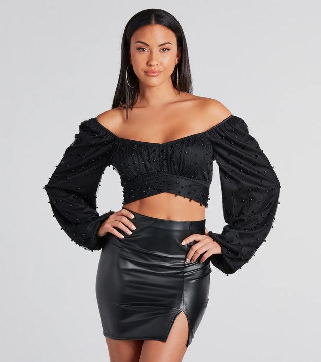 The Ethereal Dream Faux Pearl Crop Top in black with a modern design and trendy look is part of the latest women's tops collection to elevate your 2025 wardrobe.