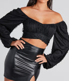 Stand out in 2025 in the Ethereal Dream Faux Pearl Crop Top, a women's black long-sleeve top crafted from an elevated fabric with a modern neckline perfect for party outfits, bridal shower attire, or elevated casual outfits.