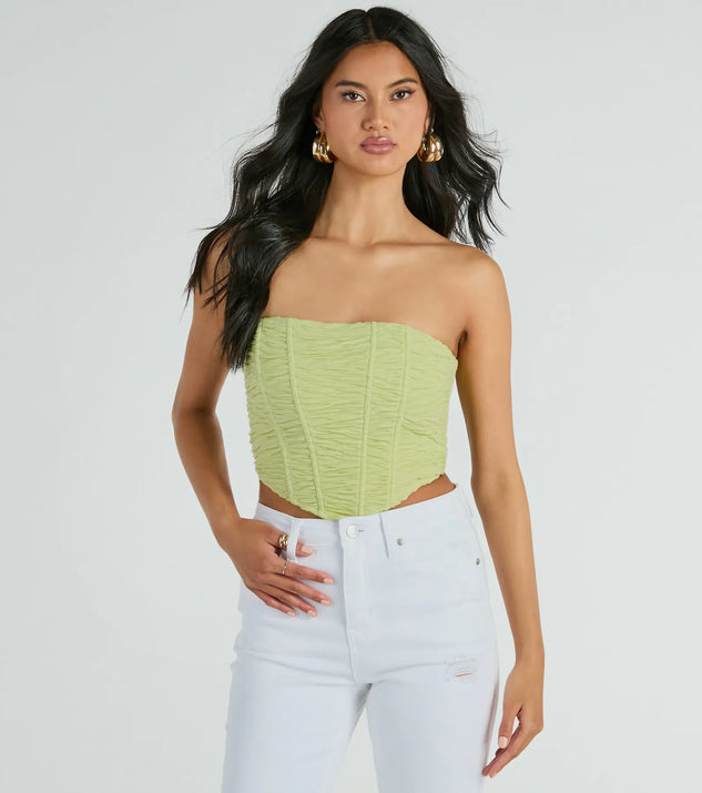 The waist-defining bodice style of the In The Spotlight Strapless Ruched Corset Top is perfect for making a statement with your outfit and provides the boning, molded cups, or lace-up details that capture the corset trend.