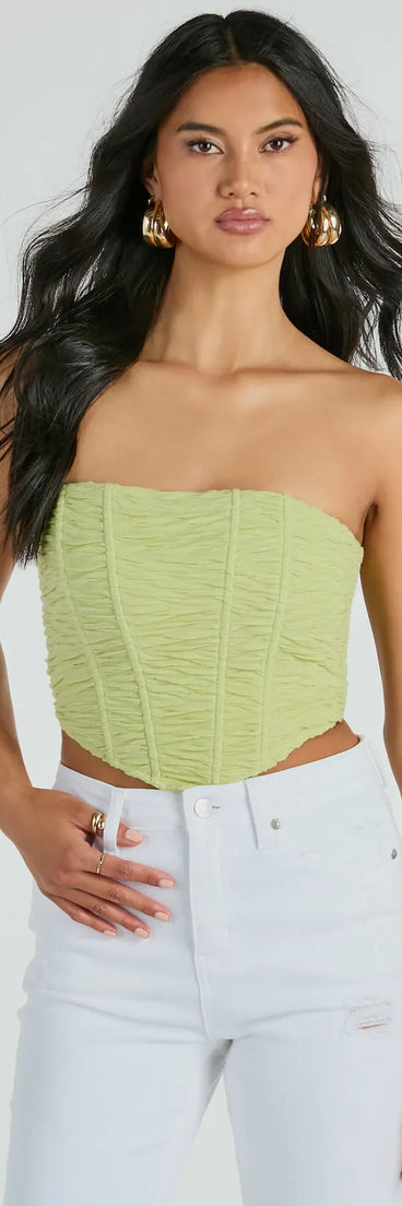 The In The Spotlight Strapless Ruched Corset Top in sage green with a modern design and trendy look is part of the latest women's tops collection to elevate your 2025 wardrobe.