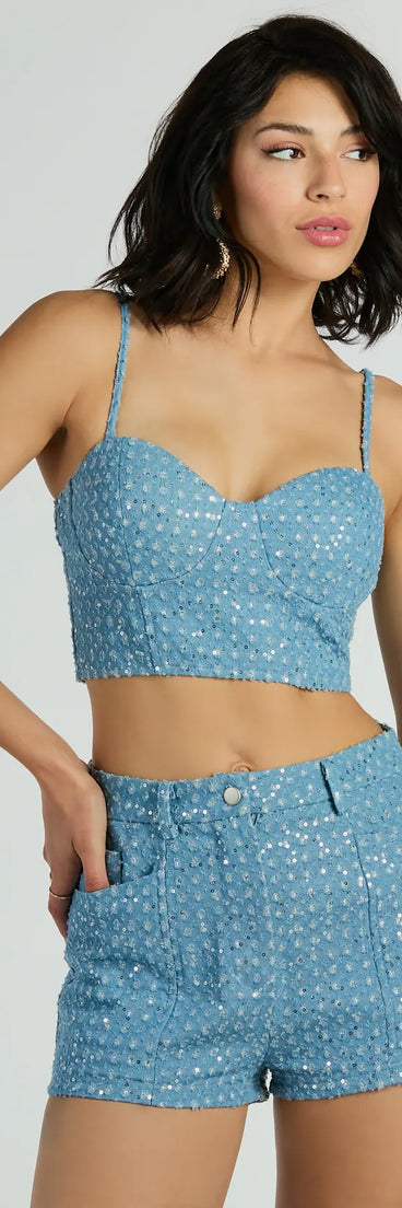 Feeling Flirty Sequin Glitter Denim Bustier Top