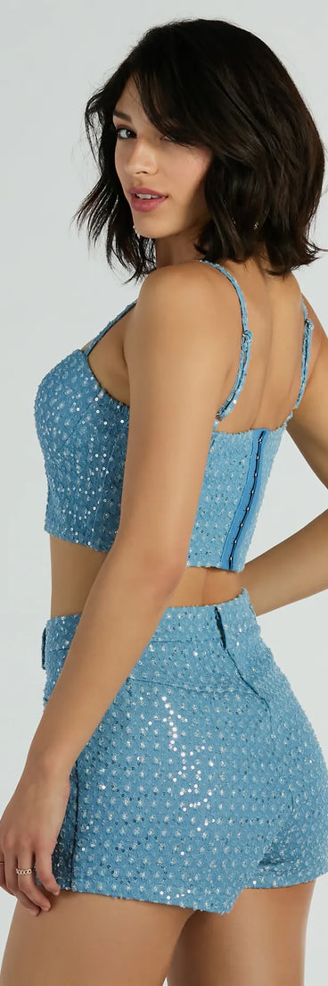 Feeling Flirty Sequin Glitter Denim Bustier Top