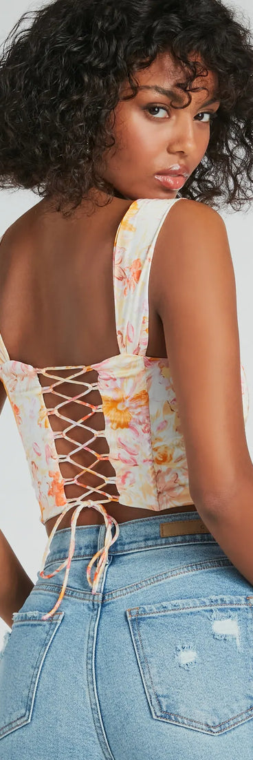 Floral Season Lace-Up Satin Corset Top