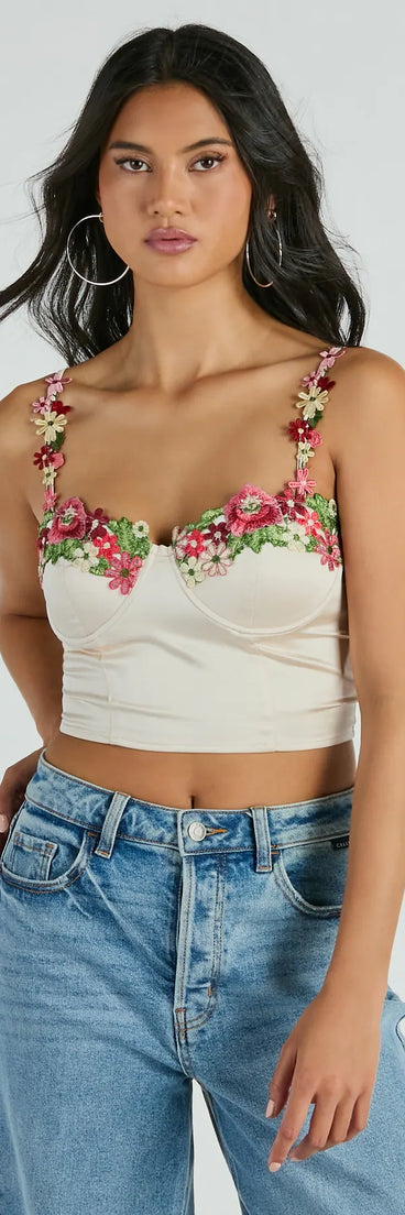 The crop top style of the Flourish In Style Floral Applique Satin Crop Top adds a sultry detail to your going-out outfits or everyday looks.