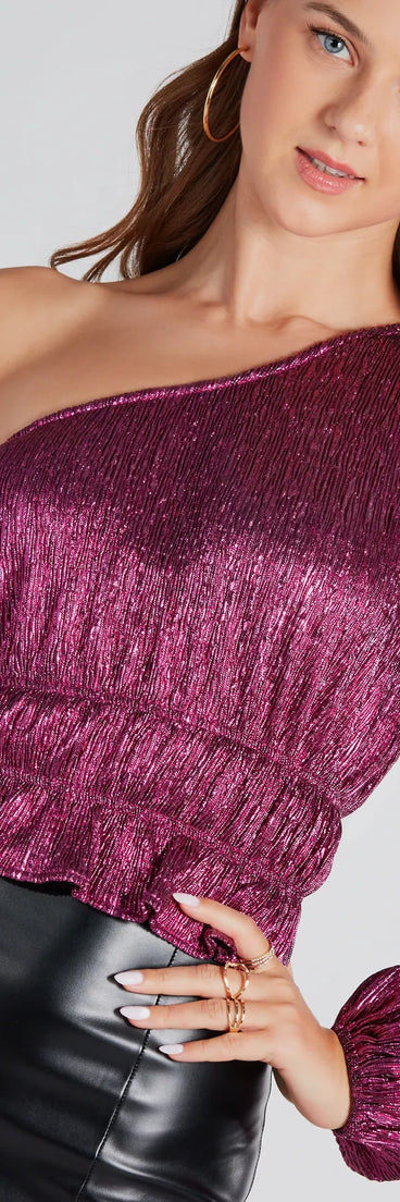 Luxurious Shimmer Metallic One-Shoulder Top