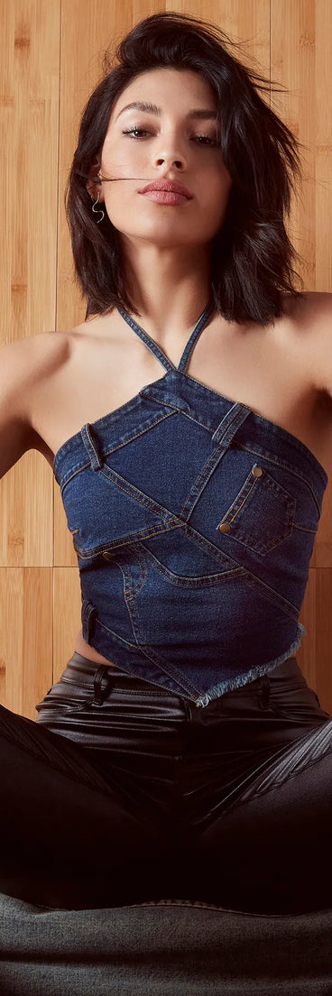 Givin' Looks Halter Patchwork Denim Crop Top