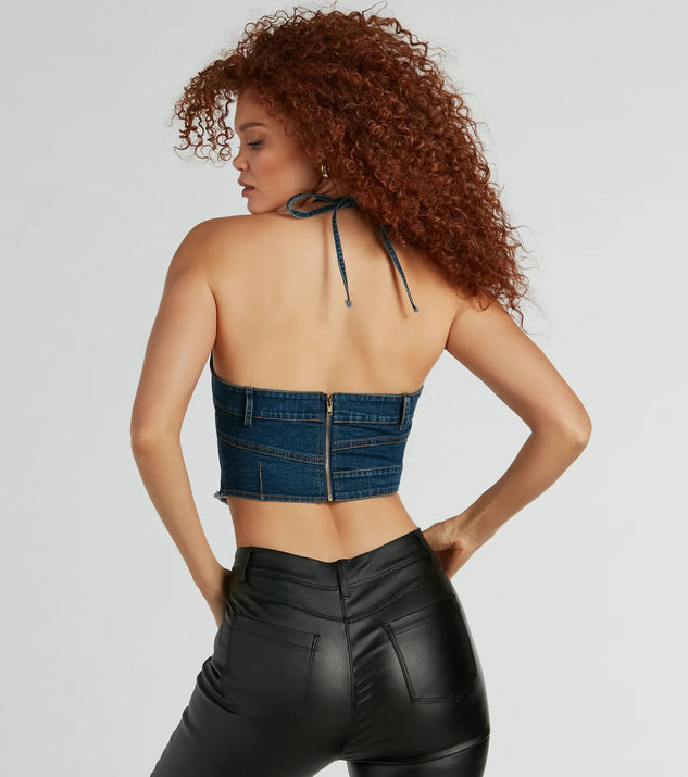 Givin' Looks Halter Patchwork Denim Crop Top | Windsor