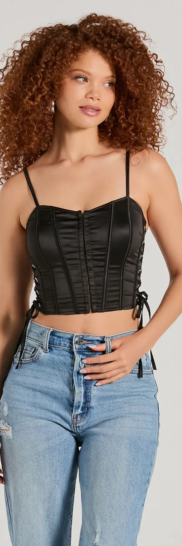 The Love It Lace-Up Satin Cropped Corset Top in black with a modern design and trendy look is part of the latest women's tops collection to elevate your 2025 wardrobe.