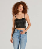 The Love It Lace-Up Satin Cropped Corset Top in black with a modern design and trendy look is part of the latest women's tops collection to elevate your 2025 wardrobe.
