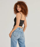 The Love It Lace-Up Satin Cropped Corset Top in black is a sequin top with an all-over sparkle, perfect for creating a glam concert outfit or adding shimmer to a going-out look. 