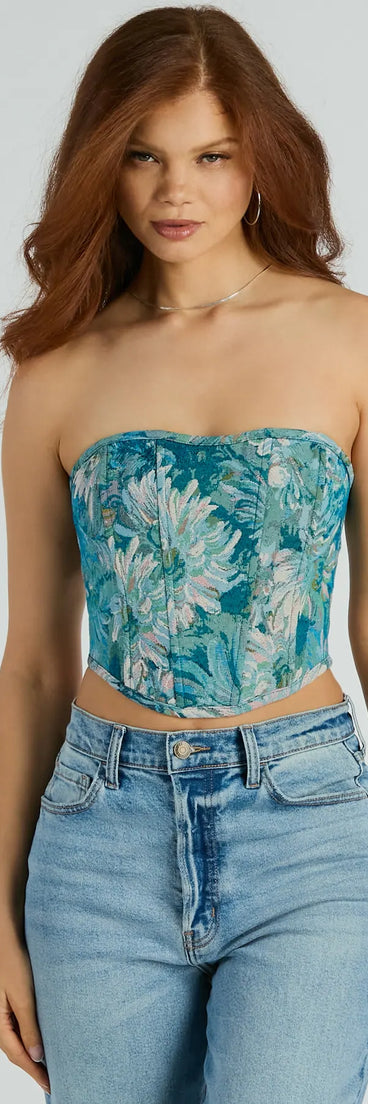 The waist-defining bodice style of the Have We Met Strapless Lace Up Jacquard Corset Top in teal is perfect for making a statement with your outfit and provides the structure, molded cups, or lace-up details that capture the corset trend.