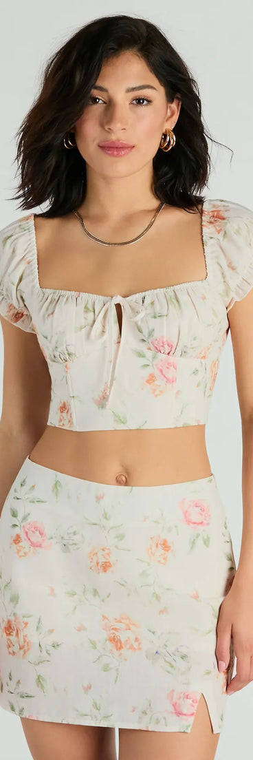 The Prettiest Vibe Puff Sleeve Floral Woven Crop Top is a short-sleeve top that is cool enough for warm weather and provides a stylish layer to create a trendsetting look.