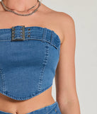 The Daily Vibe Strapless Belted Denim Crop Top in denim with a modern design and trendy look is part of the latest women's tops collection to elevate your 2025 wardrobe.