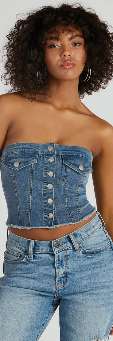 The Keep It Chill Strapless Denim Crop Top in medium denim wash brings edge and energy to your vibe, ready to elevate any festival look or concert outfit.