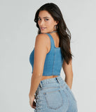 The party-ready Got The Blues Sleeveless Denim Corset Top is a denim going-out top showcasing a seasonal color and modern silhouette to create outfits for date nights, cocktail parties, or clubwear.