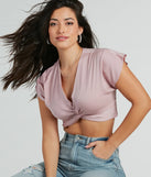 So Sweet Short Sleeve Twist-Front Satin Crop Top