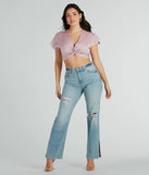 So Sweet Short Sleeve Twist-Front Satin Crop Top