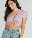 So Sweet Short Sleeve Twist-Front Satin Crop Top