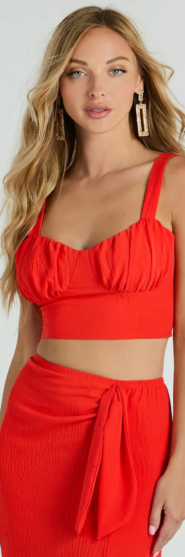 The Sunny Vibes Bow Back Woven Crop Top in orange with a modern design and trendy look is part of the latest women's tops collection to elevate your 2025 wardrobe.