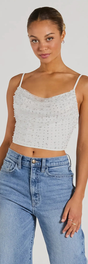 Elevate your holiday style with the Little Moment For Faux Pearl Rhinestone Crop Top a chic women's ivory sequin top featuring shimmering sequins and a party-ready silhouette ideal for sparkly holiday outfits or New Year's Eve attire.