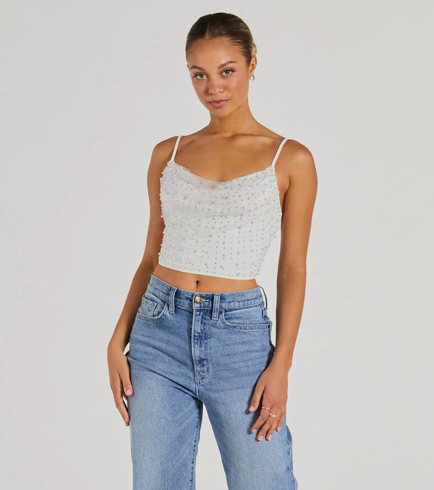 Elevate your holiday style with the Little Moment For Faux Pearl Rhinestone Crop Top a chic women's ivory sequin top featuring shimmering sequins and a party-ready silhouette ideal for sparkly holiday outfits or New Year's Eve attire.